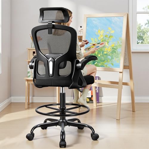 FINATI Drafting Chair, Tall Office Chair for Standing Desk, Ergonomic High Back with Headrest, Lumbar Support, Foot Ring and Flip-up Armrests, Black FINATI