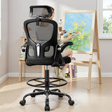 FINATI Drafting Chair, Tall Office Chair for Standing Desk, Ergonomic High Back with Headrest, Lumbar Support, Foot Ring and Flip-up Armrests, Black FINATI
