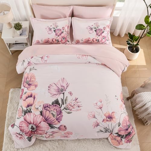 LLDSYW King Size Comforter Set - 7 Pieces Floral Comforter and Sheet Set, Pink King Size Bed in a Bag, Soft Microfiber Flower Complete Bedding Set for All Seasons（Pink,104"x90"） LLDSYW
