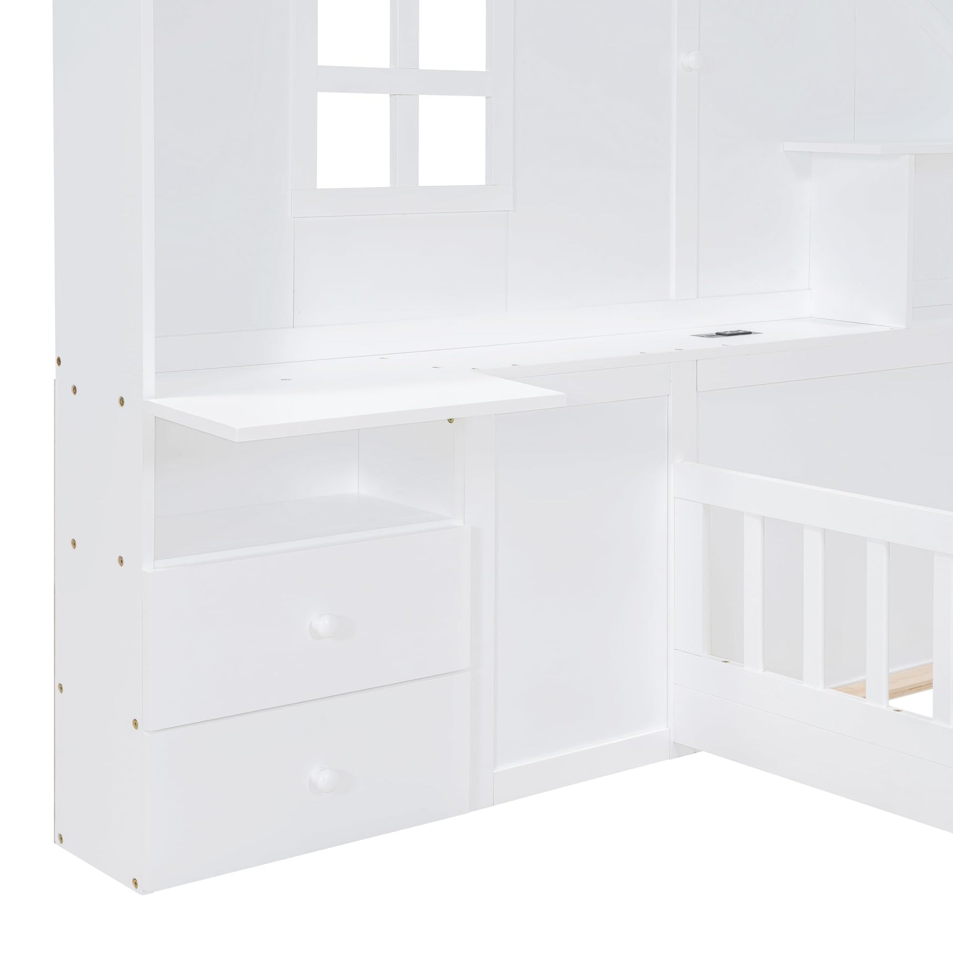 Harper & Bright Designs White Twin Montessori Floor Bed with House-Style Headboard, Storage Drawers, Shelves, and USB Ports - WoodArtSupply