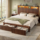 CypBed King Size Bed Frame and Headboard& 2 Storage Drawers, King Bed Frame with LED Light and Charging Port, Farmhouse Wavy Design, Wood & Metal Platform, Noise-Free, No Box Spring Needed, Walnut CypBed