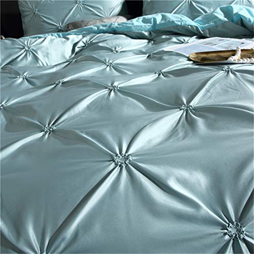 Erosebridal Blue Pinch Pleated Quilt Cover King Size Silk Like Satin Pintuck Bedding Set with Zipper Ruffle Design Luxury & Microfiber Comforter Cover Pintuck Decorative Bedspread Cover Erosebridal