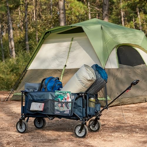 TIMBER RIDGE Collapsible Outdoor Folding Wagon Cart Heavy Duty Camping Patio Shopping Garden Cart with Side Bag Cup Holder, Blue - WoodArtSupply