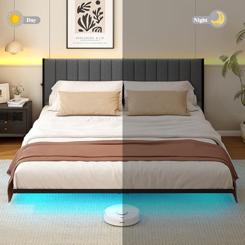 ARFARLY King Size Bed Frame with LED Lights and Charging Station, Floating Bed Frame with Upholstered Headboard, Metal Platform Bed Frame King with Under Bed Storage, No Box Spring Needed/Grey ARFARLY