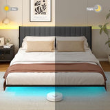 ARFARLY King Size Bed Frame with LED Lights and Charging Station, Floating Bed Frame with Upholstered Headboard, Metal Platform Bed Frame King with Under Bed Storage, No Box Spring Needed/Grey ARFARLY
