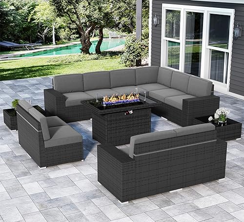 Vakollia 13 Pieces Patio Furniture Set with 44" Propane Gas Fire Pit Table, Outdoor Sectional Wicker Conversation Sofa Sets with Coffee Table Vakollia
