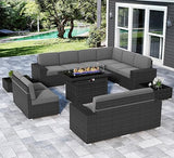 Vakollia 13 Pieces Patio Furniture Set with 44" Propane Gas Fire Pit Table, Outdoor Sectional Wicker Conversation Sofa Sets with Coffee Table Vakollia