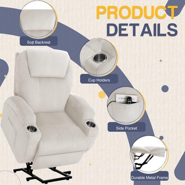 Electric Power Lift Recliner Chair with Massage for Elderly Corduroy Fabric Recliner Single Sofa with Cup Holders, Side Pockets and Remote Control for Living Room Bedroom (White) Furmax