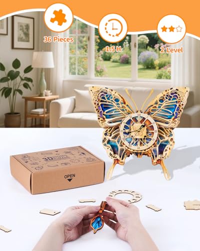 Rnfinewow 3D Puzzles for Adults, Butterfly Design Clock Kit with Pendulum, Beginner 3D Wooden Puzzle Model Kit Wall Decor, Butterfly Puzzle DIY Crafts for Mom, Women and Grandma Rnfinewow