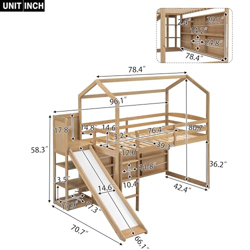 Harper & Bright Designs Kids Twin House Loft Bed with Slide, Storage Shelves, and LED Light - WoodArtSupply