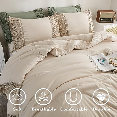 Andency King Size Comforter Set Beige, 3 Pieces Boho Tassel Lightweight Soft Bedding Comforter Sets for King Bed, All Season Fluffy Bed Set (104x90In Comforter & 2 Pillowcases) Andency