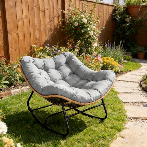 SUNCROWN Oversized Wicker Rocking Chair Indoor Outdoor, 450 LBS Heavy Duty Patio Papasan Egg Chair with Cushion, E-Coated Frame Lounge Rocker for Balcony Porch Garden Living Room, Light Grey