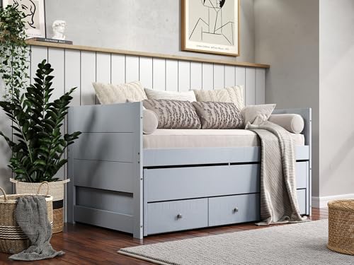 Bedz King All in One Twin Bed with Twin Trundle and 3 Built in Drawers, Breezy Blue Bedz King