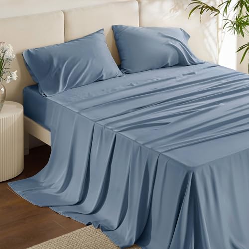 Bedsure King Size Sheets Set, Cooling Sheets for Hot Sleepers, Rayon Derived from Bamboo, Breathable & Soft, Deep Pocket Up to 16 Inches, Hotel Luxury Silky Bedding, Dusty Blue Bedsure