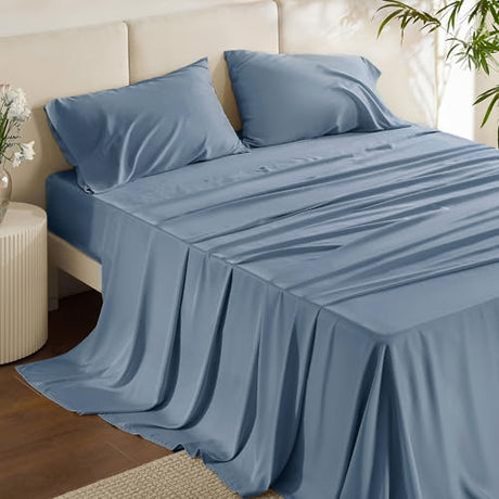 Bedsure King Size Sheets Set, Cooling Sheets for Hot Sleepers, Rayon Derived from Bamboo, Breathable & Soft, Deep Pocket Up to 16 Inches, Hotel Luxury Silky Bedding, Dusty Blue Bedsure