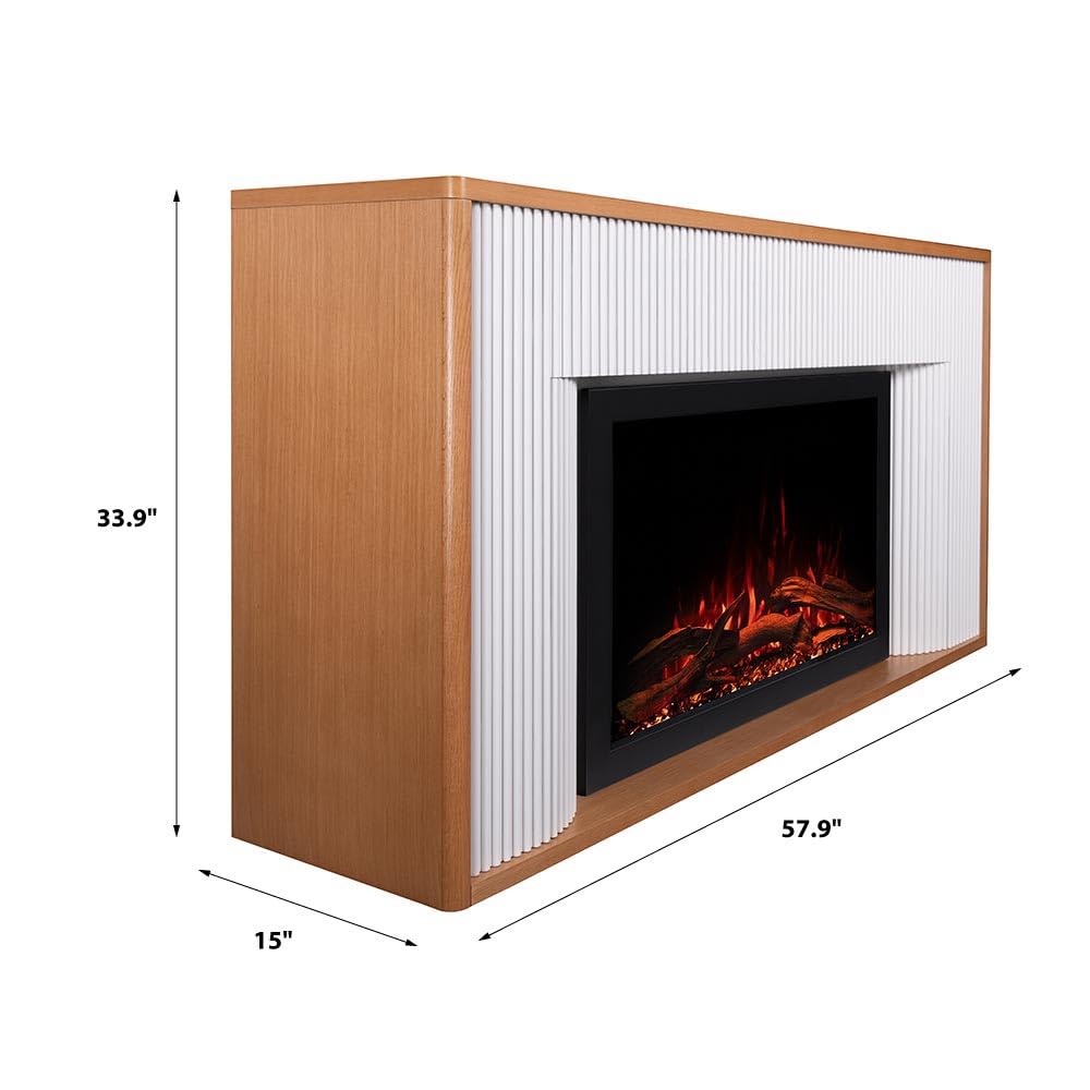 Modern Ember Arrie Smart Electric Fireplace Mantel Package | 33” Firebox Heater | Fluted Details w/Curved Leg Design | Multi-Flame Colors & Speed | Remote Control, Wi-Fi App, Alexa & Google