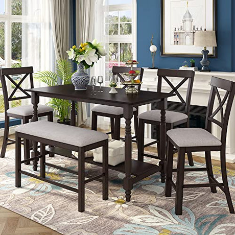 Merax 6 Pieces Counter Height Dining Table Set, Wood Rectangular Table and 4 Chairs and Bench, Kitchen Dining Table Chairs Set for 6 Persons (Espresso) Merax