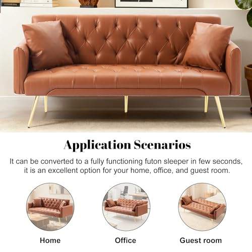 Anwick 72" Modern PU Leather Sofa Bed Futon,Convertible Folding Sleeper Bed Couches with 3 Adjustable Backrests,Tufted Recliner Loveseat with Golden Chrome Legs for Small Living Room Office (Brown) Anwick