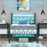 Samurbex Twin Size Bed Frame with Headboard,Black Metal Platform Bed Frame Twin Size with Charging Station & LED Lights,12-Inch Under Bed Storage,No Box Spring Needed,Noise Free,Easy to Assemble Samurbex