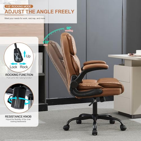 BOWTHY Office Desk Chair,Mid Back Executive Leather Chair,Ergonomic Home Computer Chair,Modern Conference Room Chairs with Adjustable Flip-Up Arms and Rocking Function (Brown) BOWTHY