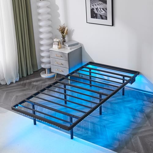 VINGLI 14 Inch Twin Floating Bed Frame with USB Charging Station/LED Lights, Single Platform Bed Foudation Base Heavy Duty Metal Slat, No Box Spring Needed,Black VINGLI