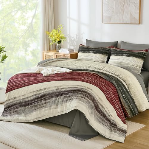 WONGS BEDDING Red King Size Comforter Set, 7 Pieces Striped Bed in a Bag Comforter and Sheet Set, Boho Lightweight Microfiber King Bedding Set for All Season (104" x 90")