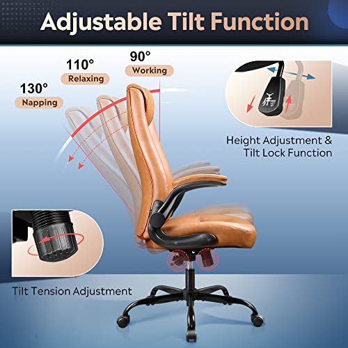 DEVAISE Executive Chair Computer Office Chair, High Back Ergonomic Desk Chair with Adjustable Flip-up Armrests, Lumbar Support and Thick Headrest, Brown DEVAISE