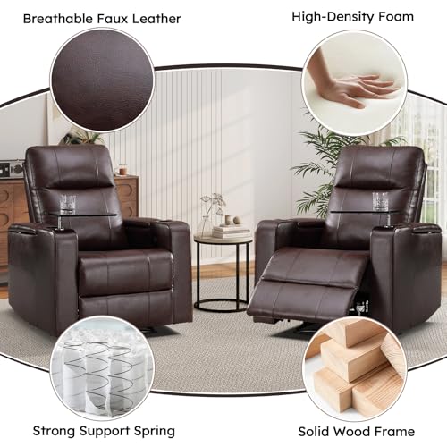 ANJ Home Theater Seating Power Recliner with Hidden Arm Storage, Single Faux Leather Recliners with Tray Table, Electric Movie Reclining Chairs with USB Ports & Cup Holders for Media Room, Brown