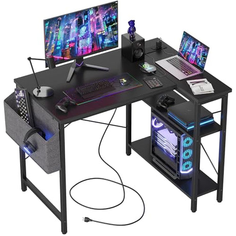 TIQLAB Small Computer Desk with Power Outlets, 40 Inch L Shaped Desk with Reversible Shelves, Gaming Desk Corner Desk Study Writing Table for Home Office Bedroom Living Room, Black TIQLAB