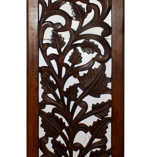 Benjara Mango Wood Wall Panel Hand Crafted with Leaves and Scroll Work Motif, Brown, Rectangle Benzara