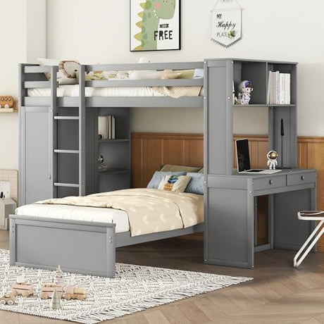 Harper & Bright Designs Twin Over Twin Bunk Bed with Desk, Drawers and Wardrobe, Wooden Loft with Stand-Alone Bed and Shelves for Kids Teens, Grey Harper & Bright Designs
