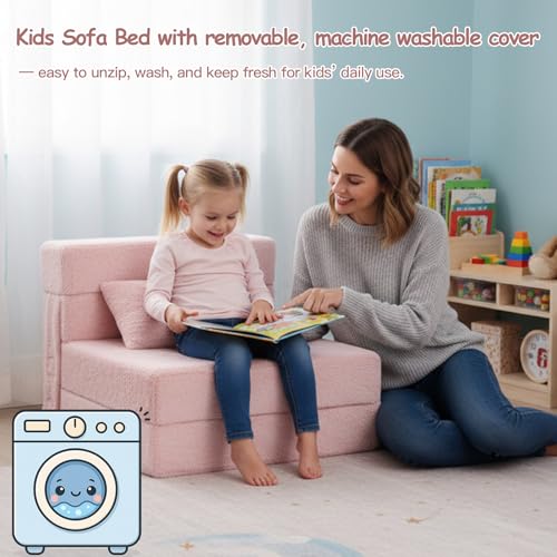 Tiita Folding Sofa Bed Floor Mattress for Kids, Toddler Washable Foldable Floor Nap Mat, Child Fold Up Sofa Futon Folding Chair Bed with Storage Bag for Girls Boys, Ball, Plush Pink Tiita