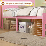 BTHFST Twin Bed Frame with Storage Headboard & Charging Station, LED Bed Frame Twin with 5 Shelves & Under Bed Storage, Platform Bed Frames for Kids, No Box Spring Needed, Pink BTHFST