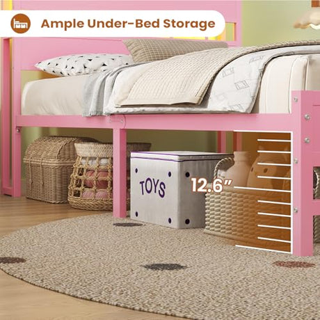 BTHFST Twin Bed Frame with Storage Headboard & Charging Station, LED Bed Frame Twin with 5 Shelves & Under Bed Storage, Platform Bed Frames for Kids, No Box Spring Needed, Pink BTHFST