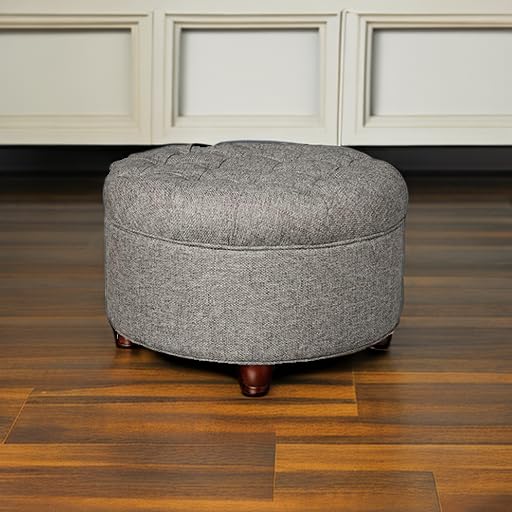 Homepop Home Decor | Button Tufted Woven Round Storage Ottoman | Ottoman with Storage for Living Room & Bedroom (Dark Gray) HomePop