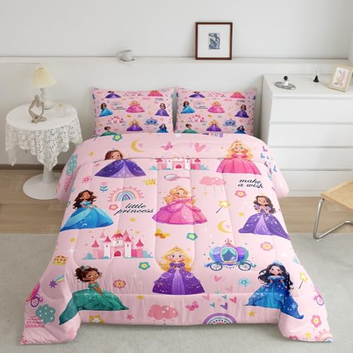 jejeloiu Kids Magical Princess Bedding Set Full Size Pink Castle Duvet Quilt for Boys Girls Teens Bedroom Decor Fairy Comforter Set Dreamy Breathable Soft Lightweight Microfiber 3Pcs jejeloiu