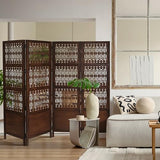 Room Divider Screen, 4-Panel Folding Wood Screen Pattern, Antique Brown, 72 x 80 Inches, Hand Carved Decorative and Functional, Reversible, Portable Privacy Partition, Boho Style – Bedding Craft Bedding Craft