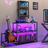 kepptory Tall Record Player Stand with LED Lights, Display Shelf Bookshelf with Guitar Stand, Floor Lamp with Shelves, Vinyl Holder and Adjustable Stand, for Living Room Bedroom(Black) kepptory