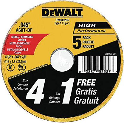 DEWALT Cutting Wheel, General Purpose Metal Cutting, 4-1/2-Inch, 5-Pack (DW8062B5) - WoodArtSupply