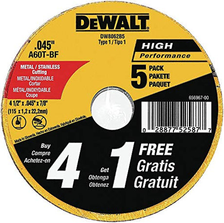 DEWALT Cutting Wheel, General Purpose Metal Cutting, 4-1/2-Inch, 5-Pack (DW8062B5) DEWALT