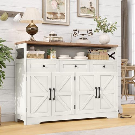 Befrases Farmhouse Sideboard Buffet Cabinet, Barn Doors Storage Cabinet with Drawers and Open Shelf, 47.2'' Wood Coffee Bar Microwave Station for Kitchen, Living Room, Hallway, White Befrases