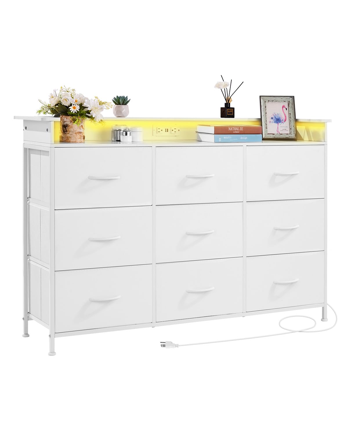 VEVOR 9 Drawer Dresser, Tall Drawer Dresser with Fabric Bin, Closet Storage Drawers with Sturdy Metal Frame, LED Lights & Built-in Outlet, Fabric Storage Tower for Bedroom, Hallway, Closet, White VEVOR