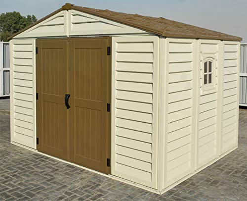 Duramax Woodbridge Plus 10.5 x 8 (8.02 m2) Plastic Garden Shed with 1 Fixed Window & Metal Foundation Kit, Strong Metal Roof Structure Fire Retardant and Maintenance-Free Storage Shed - Ivory/Brown DURAMAX