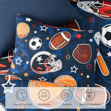 Wink Deer Twin Comforter Set for Boys-5 Pieces Sports Ball Games Glow in the Dark Twin Bedding Sets for Kids, Ultra Soft Bed in A Bag with Sheets Wink Deer