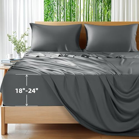 Shilucheng 100% Viscose Derived from Bamboo_Sheets, Extra Deep Pocket Sheets Fits 18"-24" Thick Mattress, Cooling & Breathable Bed Sheets 4Pcs, Hotel Silky Bedding Set (Queen,Dark Grey) Shilucheng