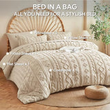 MR&HM Beige Comforter Set Queen, Tufted Boho Bedding Set, Farmhouse Bed in a Bag Set 7 Pieces with 1 Comforter, 2 Pillow Shams, 2 Pillowcases, 1 Flat Sheet, 1 Fitted Sheet for All Seasons MR&HM