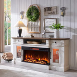 OKD 70" Fireplace TV Stand with 36" 3-Sided Glass Electric Fireplace & LED Lights, Modern Farmhouse Entertainment Center for TVs up to 80", Media Console w/Storage Drawer & Glass Door, Antique White OKD