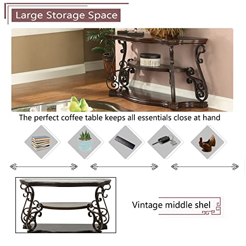 Goujxcy Elegant Retro Console Table, 3-Tier Traditional Rectangle Sofa Table with Tempered Glass Top, Mid-Marble Shelf, Vintage Accent Entryway Table for Living Room Hallway, Easy Assembly Goujxcy