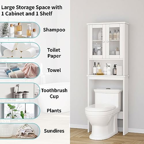 Shintenchi Over The Toilet Storage Cabinet, Bathroom Shelf Organizer with Anti-Tip Device Small Freestanding Space Saver with Adjustable Shelf and Glass Door, White Shintenchi