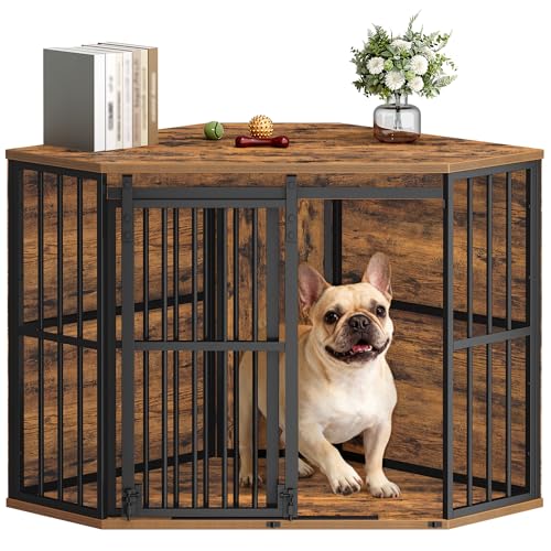 Hzuaneri Corner Dog Crate Furniture with Barn Door, Heavy Duty Dog Kennel Indoor, Wooden Decorative Pet Cage for Small Medium Dogs, Space-Saving TV Stand Anti-Chew Anti-Escape, Rustic Brown DFC88901B Hzuaneri